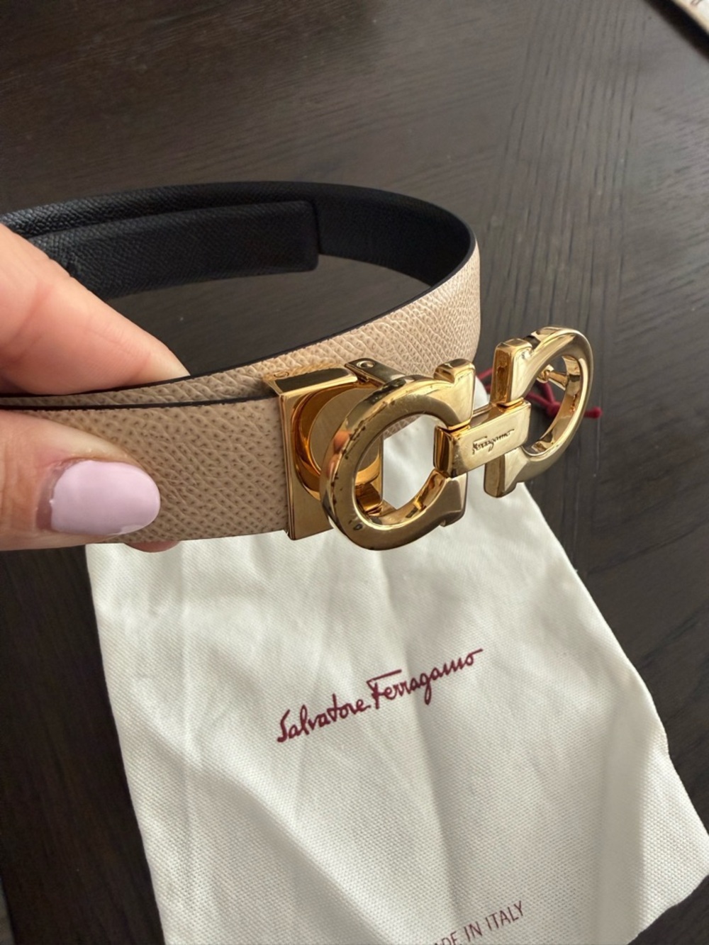 Salvatore Ferragamo Neutral Leather Belt with Gold Gancini Buckle